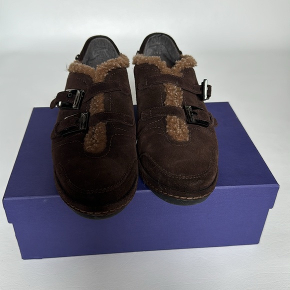 Stuart Weitzman Shoes 7.5 M Sherpa Trimmed Slip On Brown Suede buckles - Picture 2 of 8